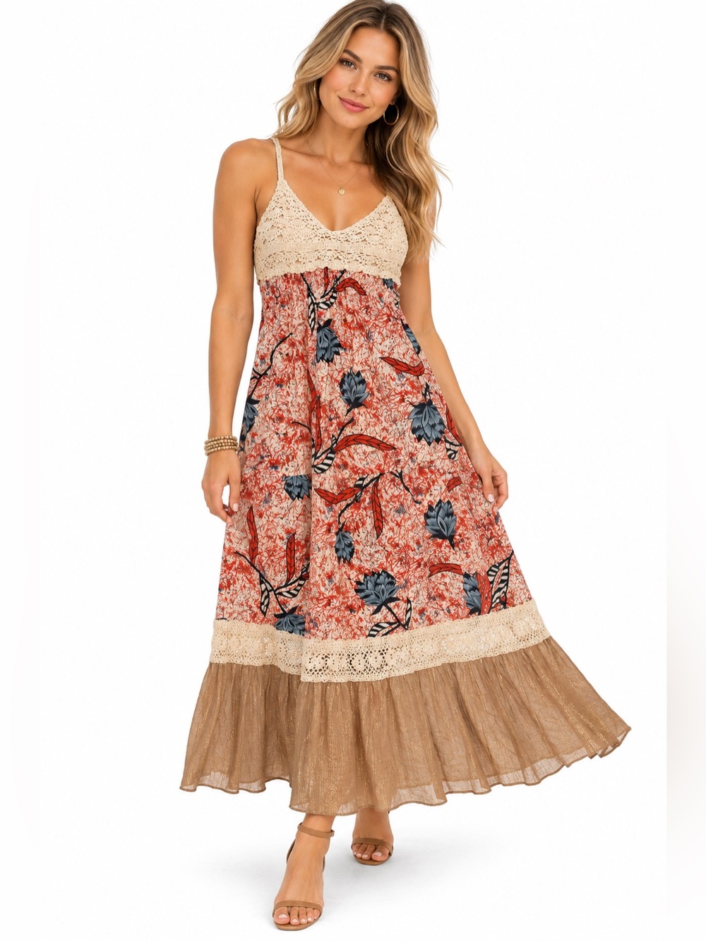 NWOT Daytrip Size Medium Boho Crochet Bodice Maxi Dress - Beige & Rust Floral